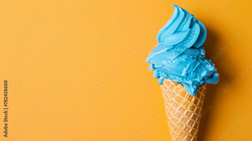 Blue soft ice cream in a waffle cone, orange background. Ice Cream Month concept.