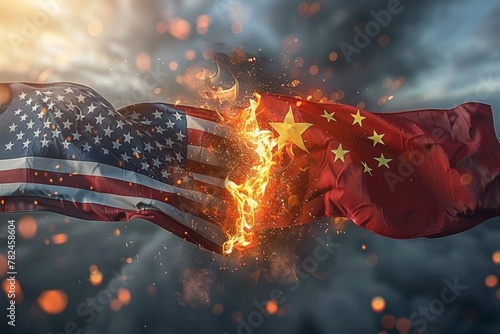 Fire of conflict: American and Chinese flags ablaze photo