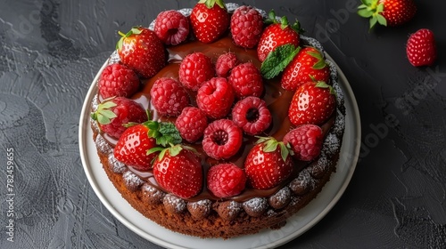   A chocolate cake, topped with fresh raspberries, on a white plate, atop a black table