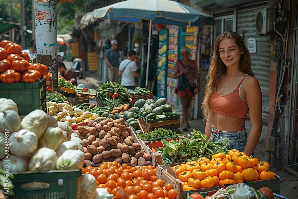 Woman at greengrocer stand buying fresh, natural foods at market