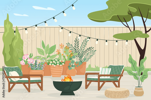 Cozy backyard with decorative outdoor fireplace and plants in pots House patio with fence, furniture for picnic with barbecue, green grass and tree Summer landscape of yard Vector cartoon illustration