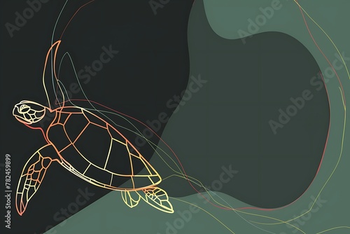 minimalistic turtle tortoise silhouette digital drawning with one thin colored line isolated on a dark green background, world ocean day wallpaper, card with copy sapace photo