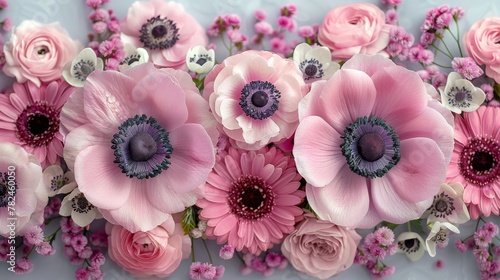   A close-up of various flowers  with pink and white blooms at image center
