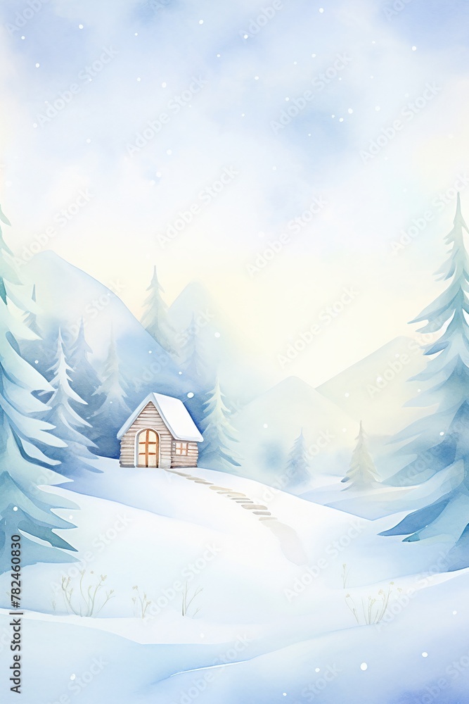 Mountain Cabin, Cabin in snow, smoke from chimney, twilight, cartoon drawing, water color style.