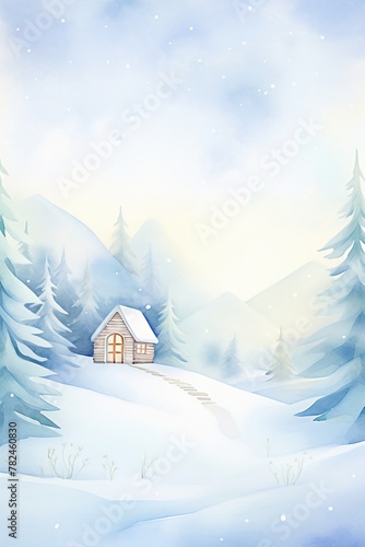 Mountain Cabin, Cabin in snow, smoke from chimney, twilight, cartoon drawing, water color style.