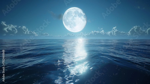   A full moon ascending over the ocean, mirroring sunlight on the water's surface and populating the azure sky with clouds