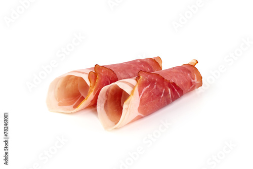 Dry Spanish ham, Jamon Serrano, Bellota, Italian Prosciutto Crudo or Parma ham, isolated on white background © GSDesign