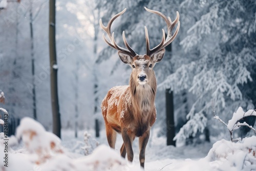 A terrestrial animal deer with antlers stands in snowy woods