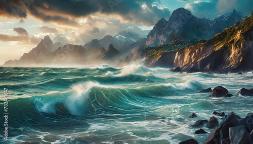 Dramatic seascape, turbulent waves, rocky shores, majestic mountains under cloudy sky, beams of sunlight. Generative Ai
