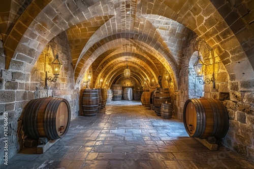 Medieval architecture with barrels and arches in a wine cellar