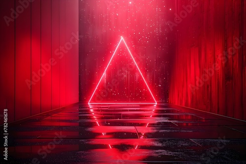 Neon Triangle: Red Hues & Confetti Blaze. Concept Neon Lights, Triangle Pattern, Red Hues, Confetti Scatter, Playful Concept