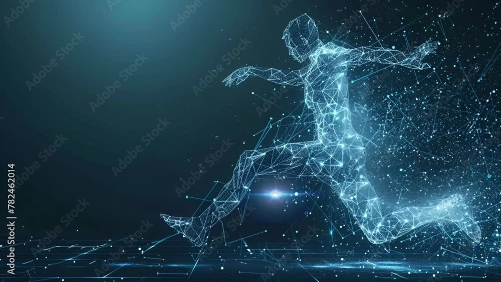 Illustration of man with dispersion effect, jumping pose; is perfect for background projects sport, gym, health, 4k virtual video animation. Illustration of man with dispersion effect, jumping pose; is perfect for background projects sport, gym, health, 4k virtual video animation.