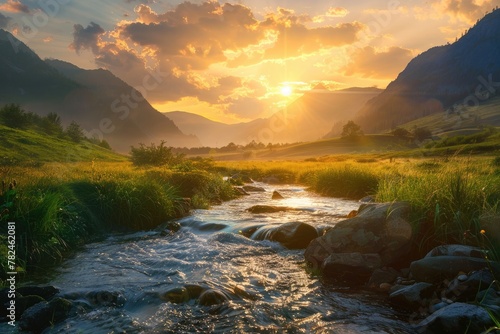 A serene mountain valley with a flowing river at sunrise