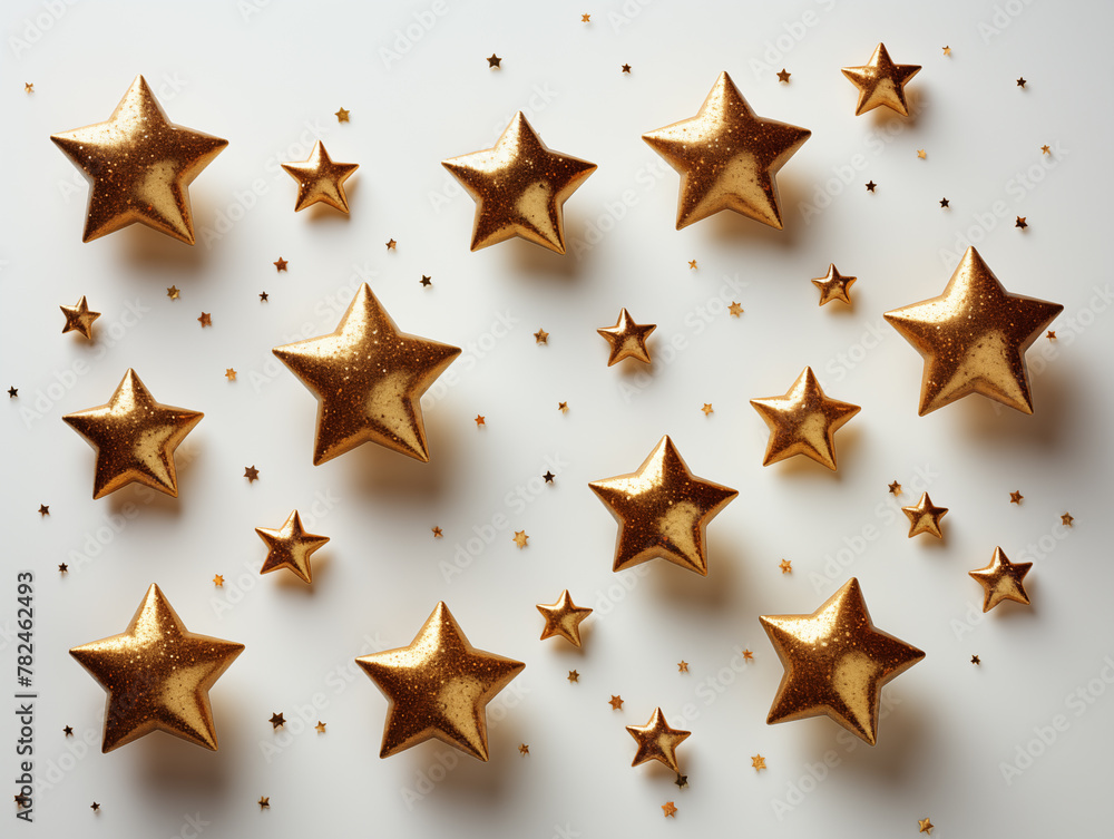 Golden stars scattered on a white background for festive decoration Golden stars scattered on a white background for festive decoration