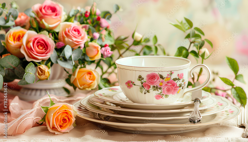 Festive table setting with roses in bright colors and vintage crockery on a beige background Festive table setting with roses in bright colors and vintage crockery on a beige background