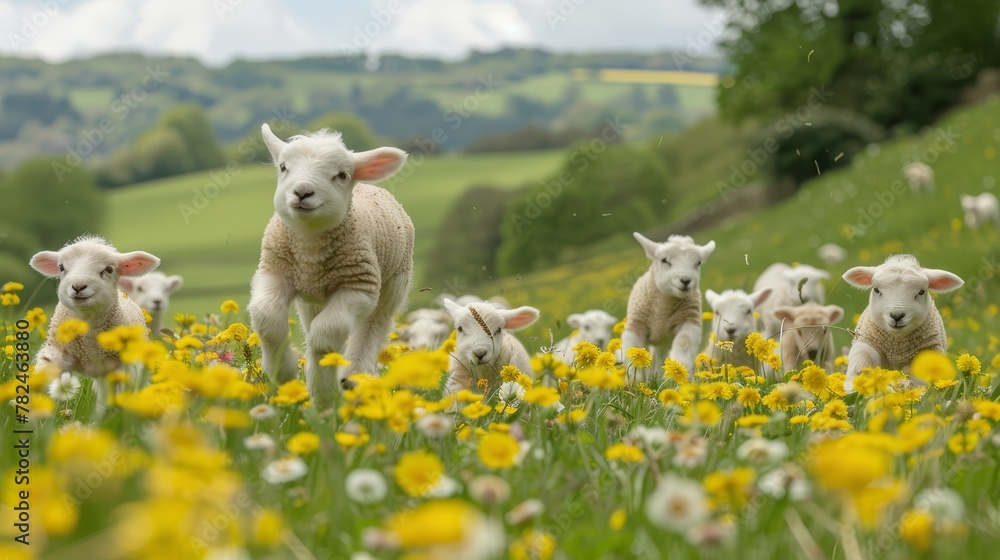 A herd of sheep stands next to one another on a lush green field teeming with yellow and white wildflowers A herd of sheep stands next to one another on a lush green field teeming with yellow and white wildflowers