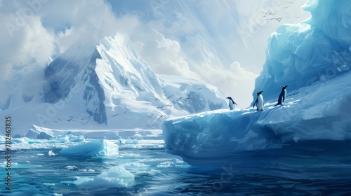 Group of penguins standing gracefully on the peak of an iceberg in Antarctica. The penguins are clustered together, showcasing their black and white plumage against the icy backdrop. photo