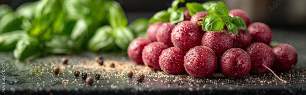 Fresh radishes and basil on slate: banner with dew-kissed radishes and vibrant basil leaves arranged on a slate surface for a culinary presentation Fresh radishes and basil on slate: banner with dew-kissed radishes and vibrant basil leaves arranged on a slate surface for a culinary presentation