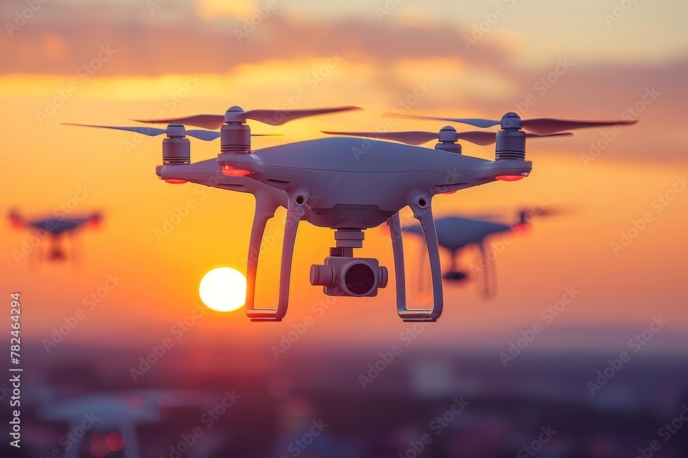 Quadcopter Drone Against a Breathtaking Sunset Sky. Quadcopter Drone Against a Breathtaking Sunset Sky.