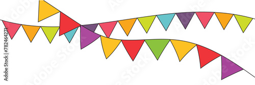 Carnival colorful bunting garlands with flags made of shredded pieces of fabric. Decorative multicolored party pennants for festival, party, birthday celebration.