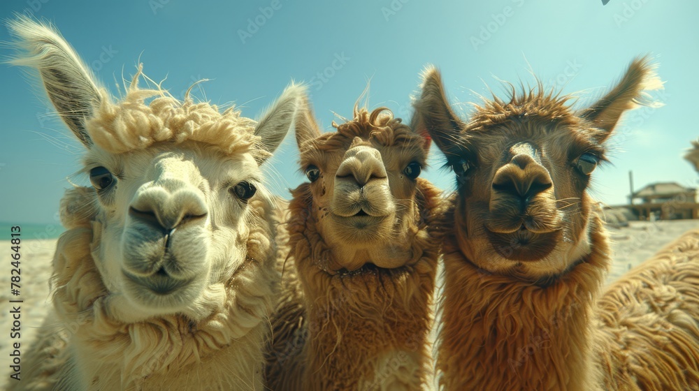   Three llamas congregate on a sandy beach, surrounded by azure sky
