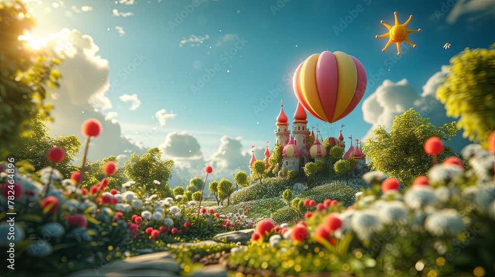 Fototapeta premium Enchanting Pastel Dream: Fantasy Castle and Sun Balloon in Vibrant Garden