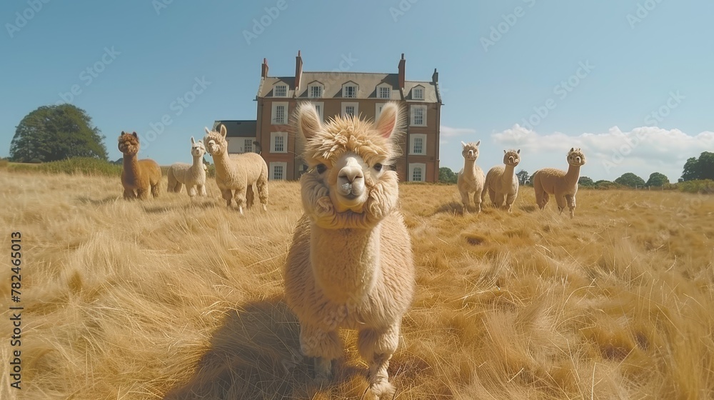 Fototapeta premium A cluster of llamas grazing in a field before a sizable structure with a house behind it