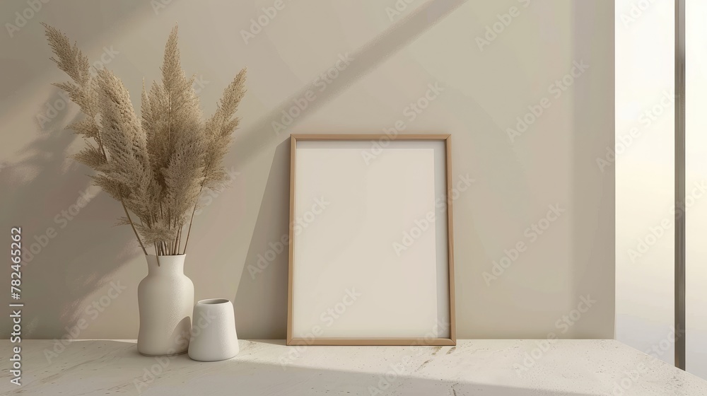 Blank a4 wood frame mockup interior background, circular motion, 3d rendering. Vertical painting plaque mockup. Clear table border with canvas panel template Blank a4 wood frame mockup interior background, circular motion, 3d rendering. Vertical painting plaque mockup. Clear table border with canvas panel template