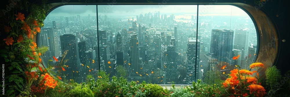 Green refuge in the city: Modern glass greenhouse amid skyscrapers Green refuge in the city: Modern glass greenhouse amid skyscrapers