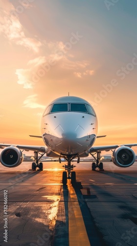 Commercial jet preparing for departure at sunrise. Warm tones and copy space. Aviation, travel, and journey concept.