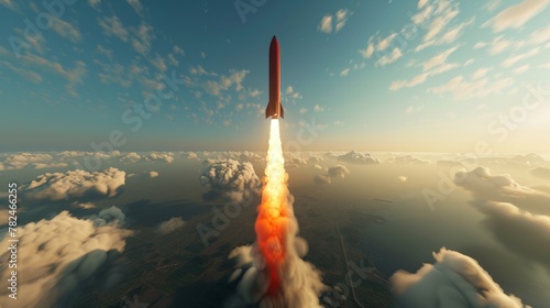 A red rocket is seen flying through the sky with incredible speed and power, leaving a trail of smoke behind it as it ascends into space.