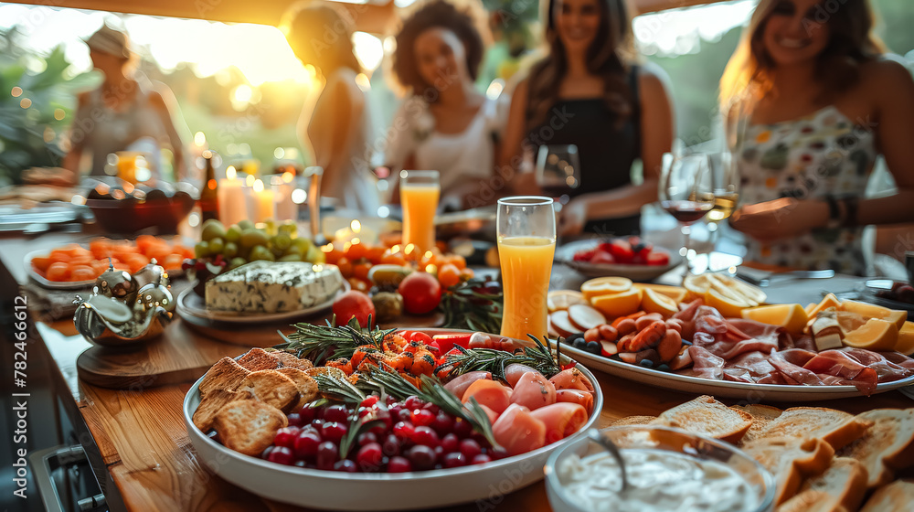 A group of people are gathered around a large table filled with food. Scene is warm and inviting, as the group of friends share a meal together