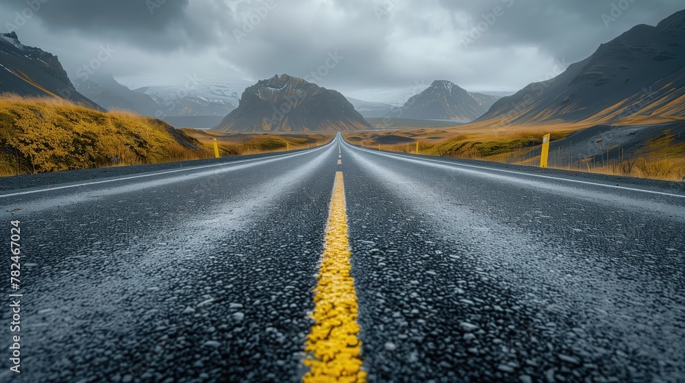 Travel Landscape, Open Road with Icelandic Mountains in Monochromatic Tones - obrazy, fototapety, plakaty 
