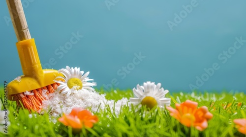 Yellow broom with foam on artificial grass with daisies. Spring cleaning and gardening concept