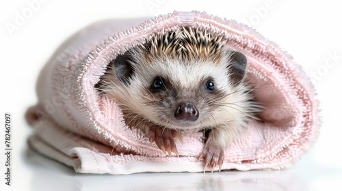   A hedgehog emerges from a pink towel against a white backdrop, its face reflected in the surface
