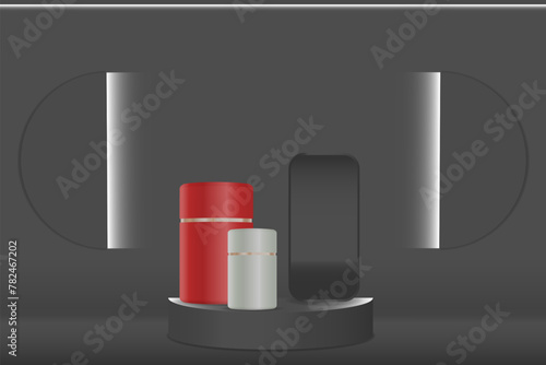 Semicircular realistic podium with example products, pedestal, black on dark background with white backlight on the wall. Vector illustration.