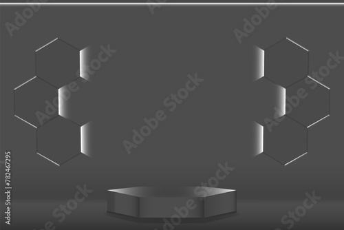 Hexagonal realistic podium, pedestal, black on dark background with white backlight on the wall. Vector illustration.
