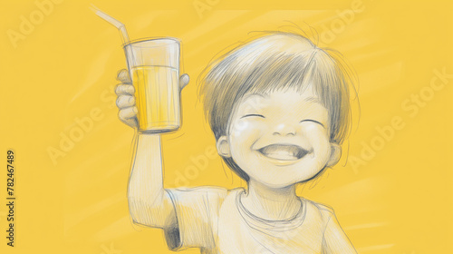 Esboço criança feliz tomando suco - Ilustração photo