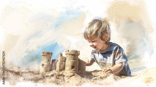 Esboço criança brincando com castelos de areia - Ilustração