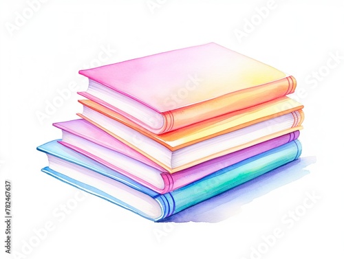 Notebooks  Stacked notebooks  rainbow of soft pastels  cartoon drawing  water color style.