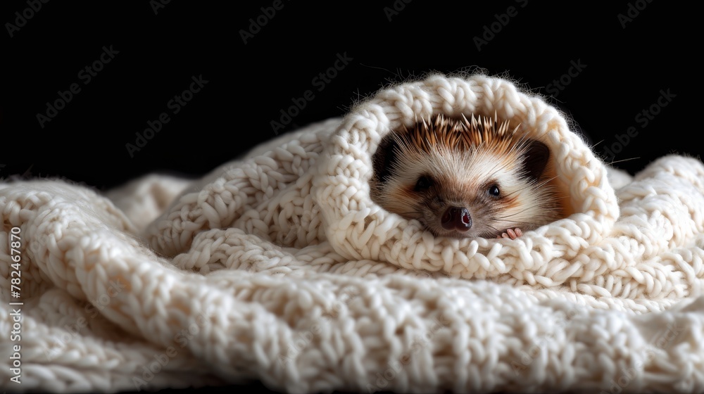 A hedgehog emerges from a blanket against a black backdrop, revealing itself from its den A hedgehog emerges from a blanket against a black backdrop, revealing itself from its den