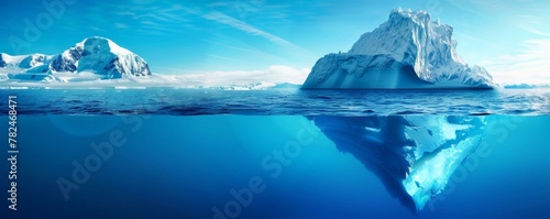 Panoramic view of a majestic iceberg reflected in the tranquil waters of antarctica