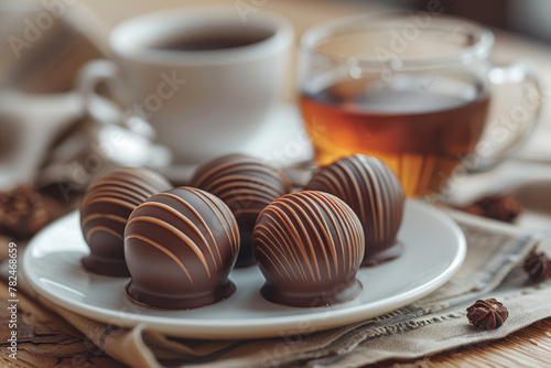 A rich and indulgent dark chocolate truffle infused with the subtle bitterness of Earl Grey tea. Concept of sophisticated chocolates and tea-inspired treats. Generative Ai. photo