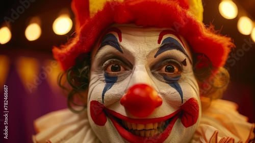 Close-up of a clown's face with detailed makeup and a colorful wig, with soft-focused lights in the background. Entertainment and performance art concept