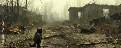 Lonely cat in post-apocalyptic wasteland