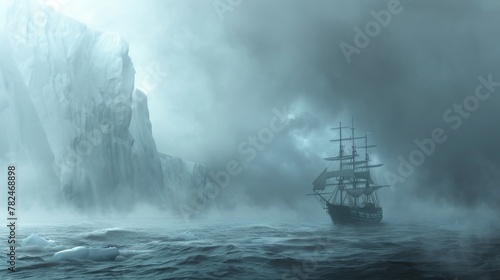 Mysterious seascape with galleon and icebergs