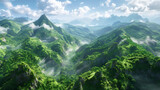 a majestic mountain landscape. Verdant, forest-covered peaks stretch into the distance