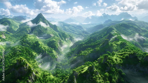 a majestic mountain landscape. Verdant, forest-covered peaks stretch into the distance