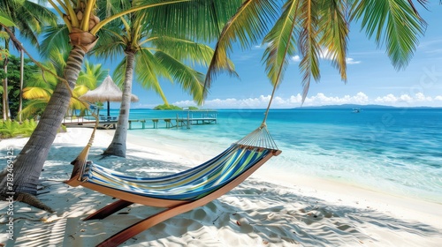 A hammock hangs between palm trees on a tropical beach