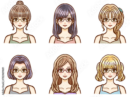 眼鏡をかけたノースリーブ姿の大人女性のイラスト素材セット